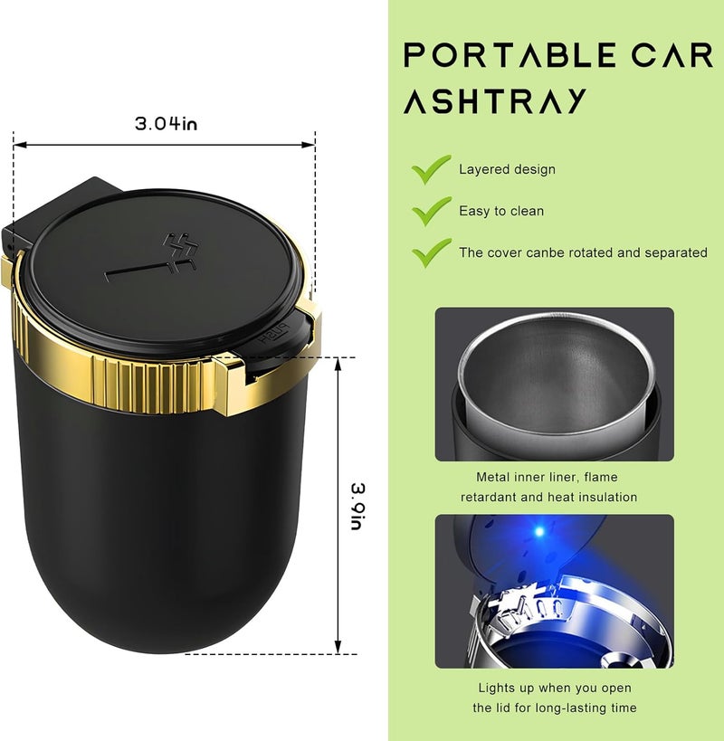 MUQIDA Car Ashtray with Lid, Auto Portable Stainless Steel Smokeless Ash Tray with LED Light, Detachable Windproof Ashtray Mini Trash Can for Most Car Cup Holder Home Office (Golden) - Image 2